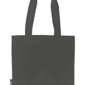 Graue Baumwoll-Einkaufstasche mit langen Henkeln und kleinem Label links unten