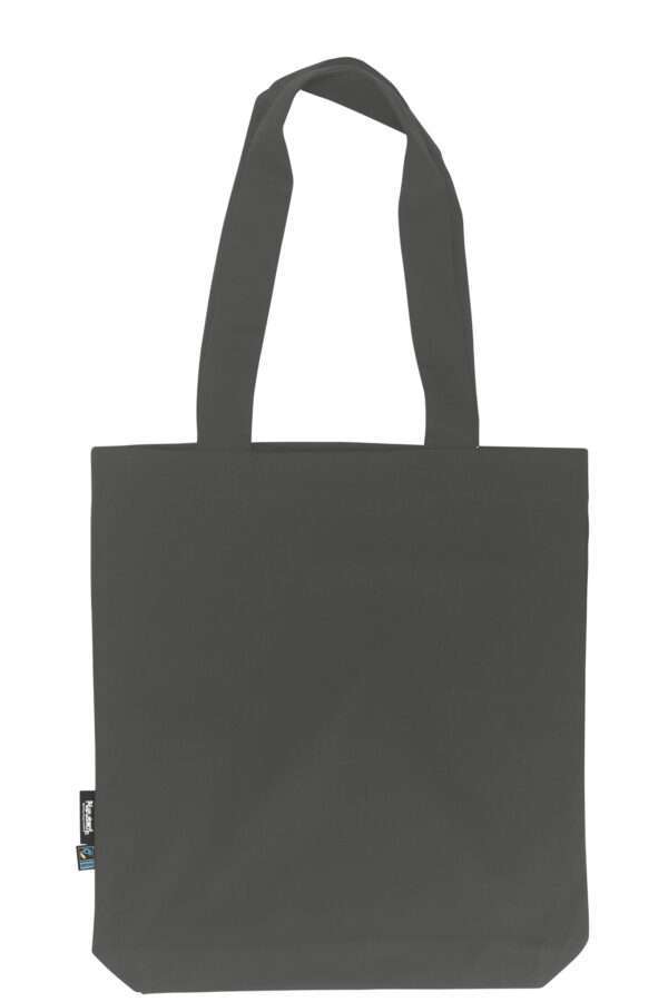 Graue Baumwoll-Einkaufstasche mit langen Henkeln und kleinem Label links unten