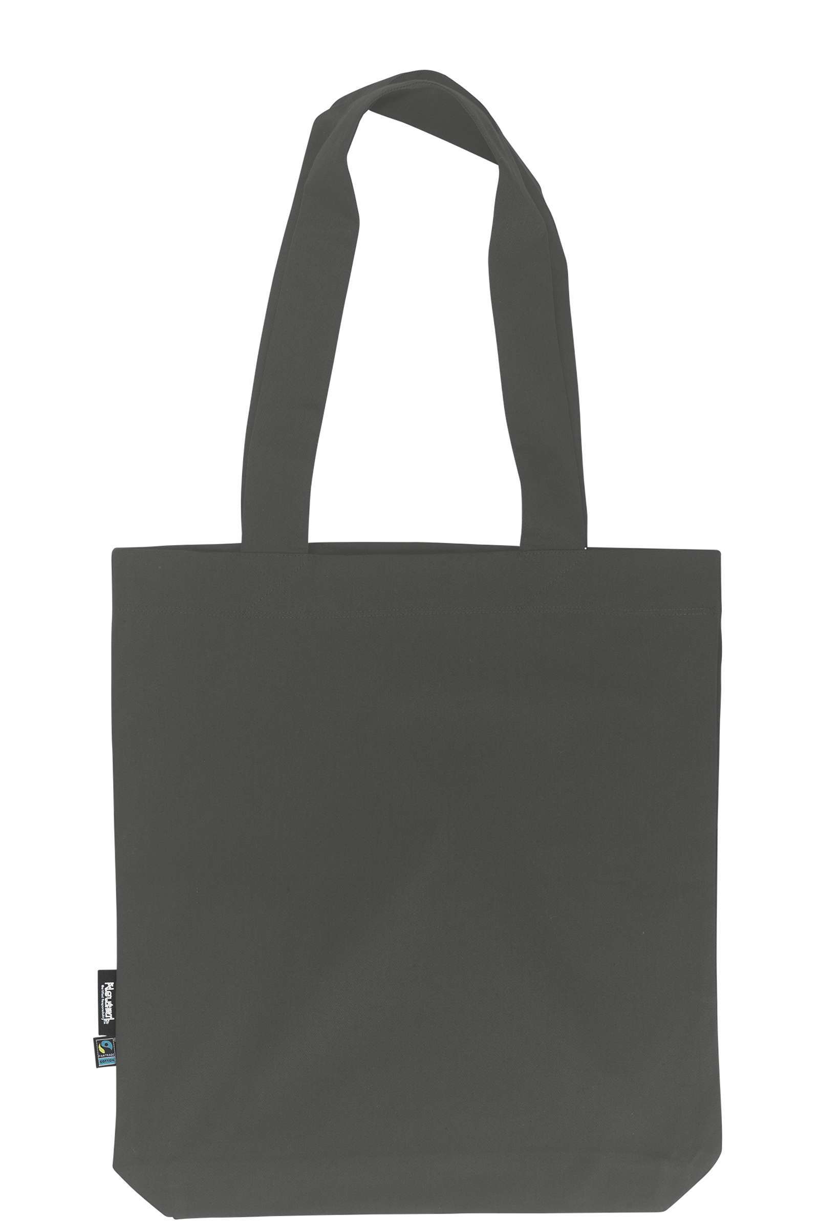 Graue Baumwoll-Einkaufstasche mit langen Henkeln und kleinem Label links unten