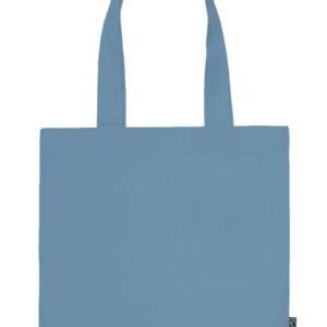 Hellblauer Stoffbeutel mit langen Henkeln und Fairtrade-Label rechts