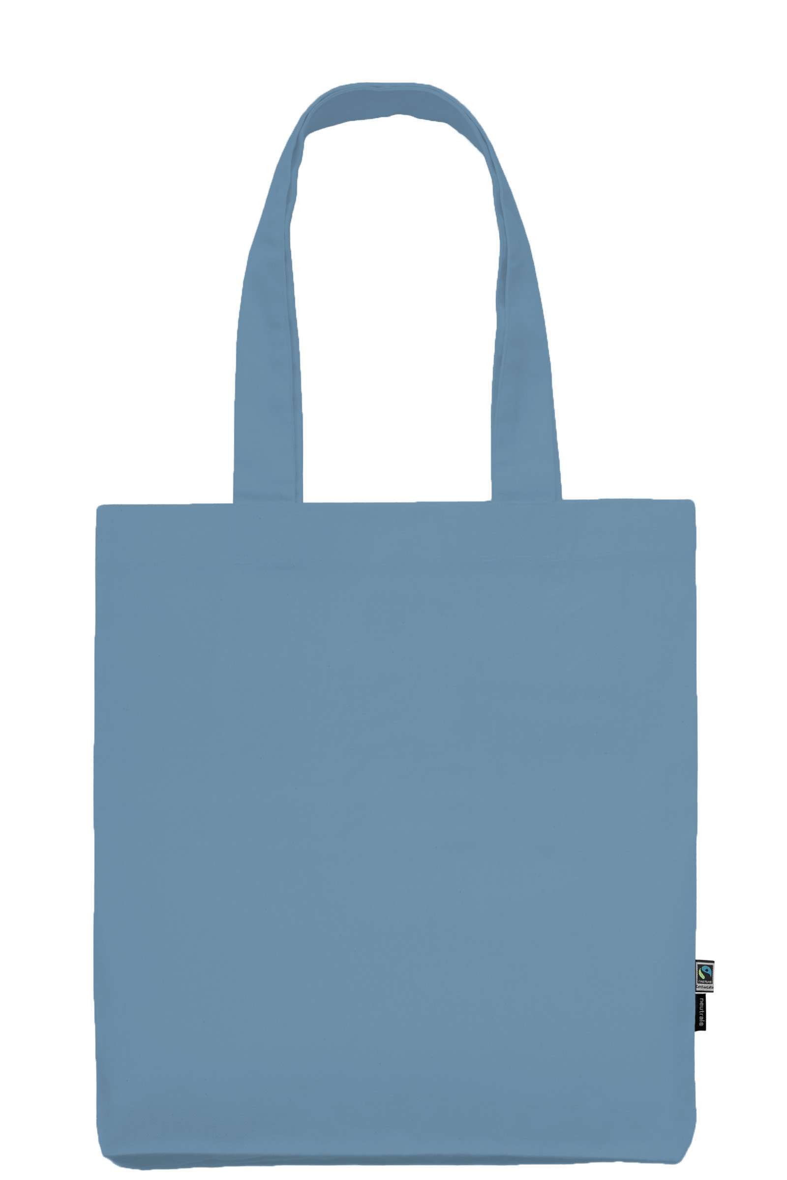 Hellblauer Stoffbeutel mit langen Henkeln und Fairtrade-Label rechts