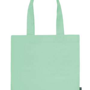 Mintgrüne Stofftasche mit langen Henkeln und Fairtrade-Label auf weißem Hintergrund