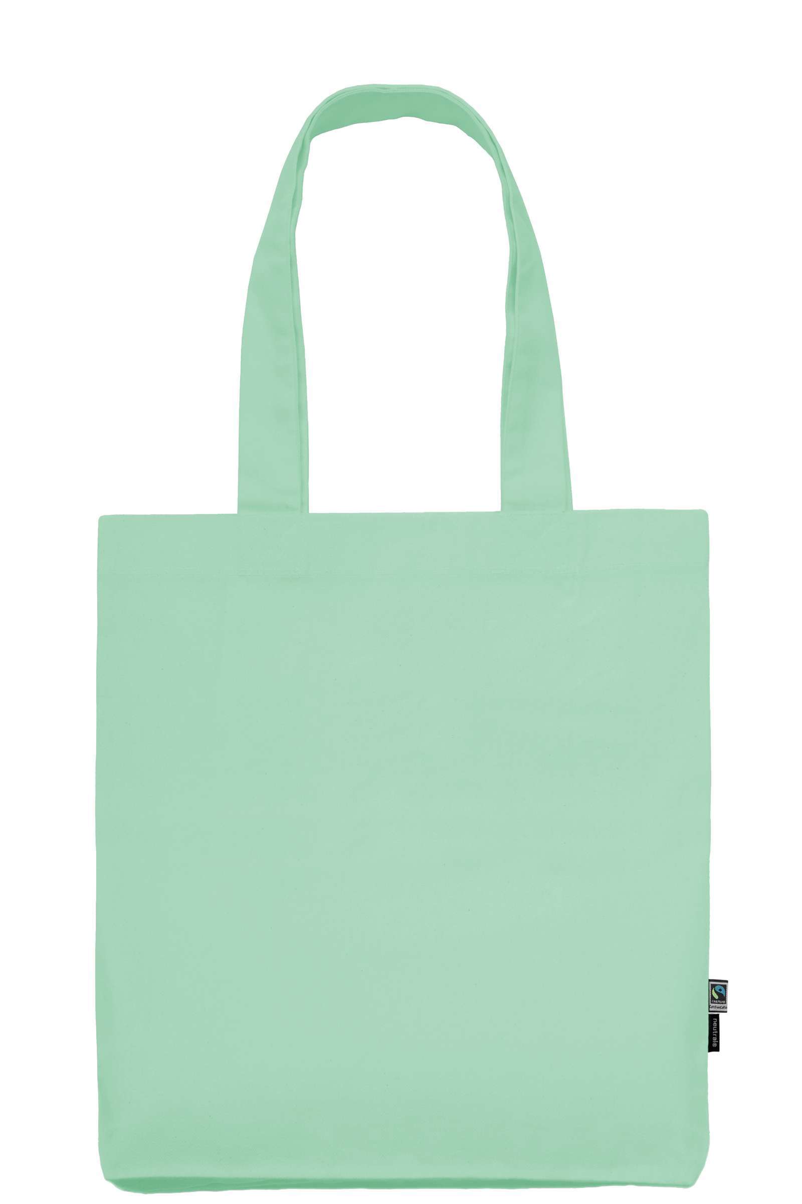 Mintgrüne Stofftasche mit langen Henkeln und Fairtrade-Label auf weißem Hintergrund