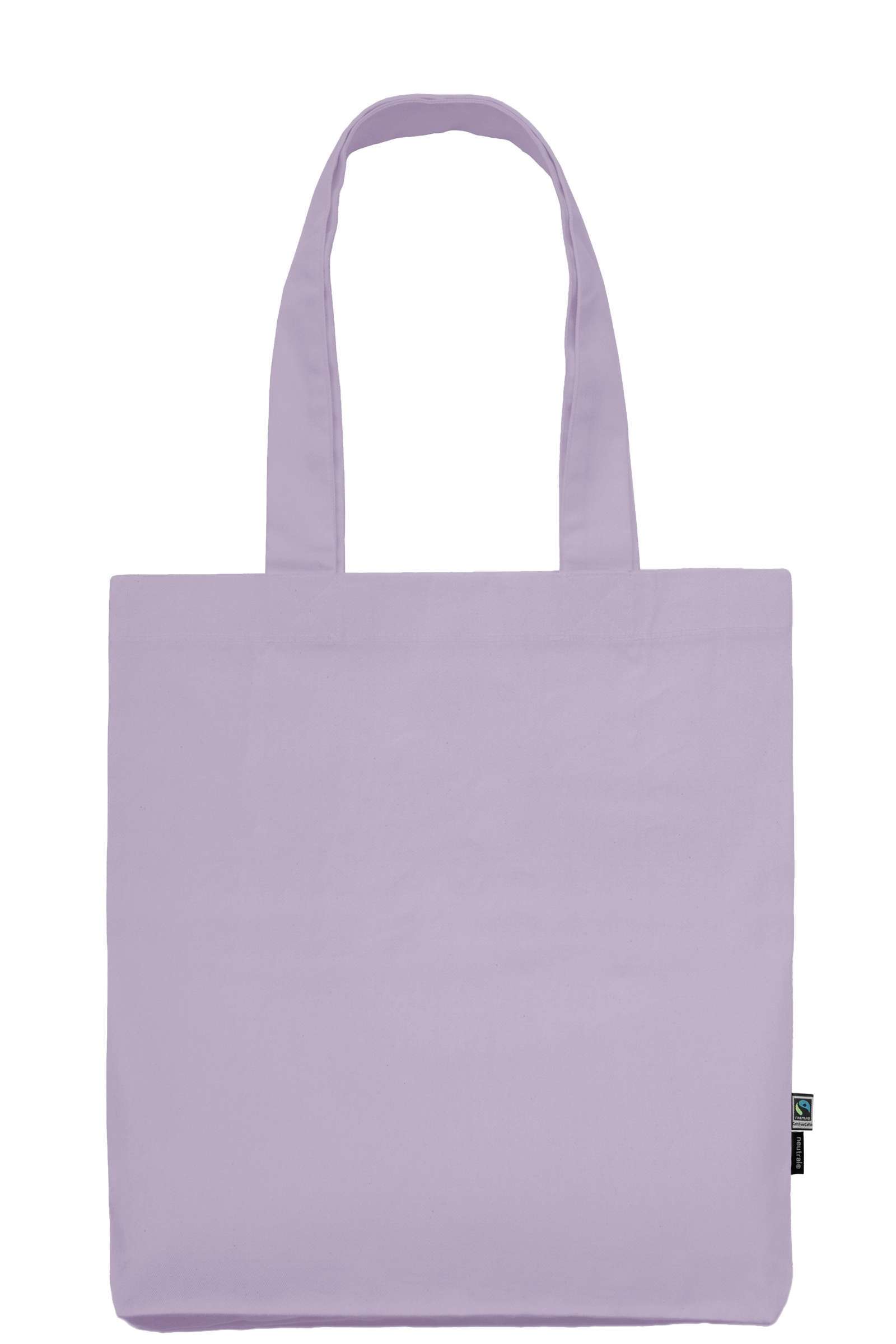 Hellviolette Stofftasche mit langen Henkeln und Fairtrade-Label