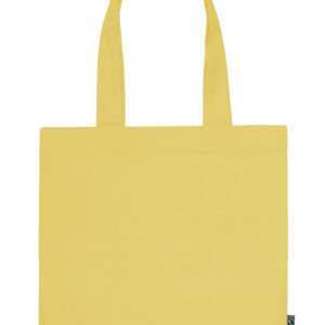 Gelbe Baumwolltasche mit langen Henkeln und Fairtrade-Label seitlich