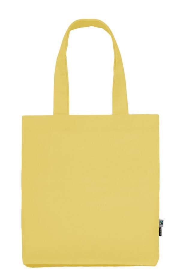 Gelbe Baumwolltasche mit langen Henkeln und Fairtrade-Label seitlich