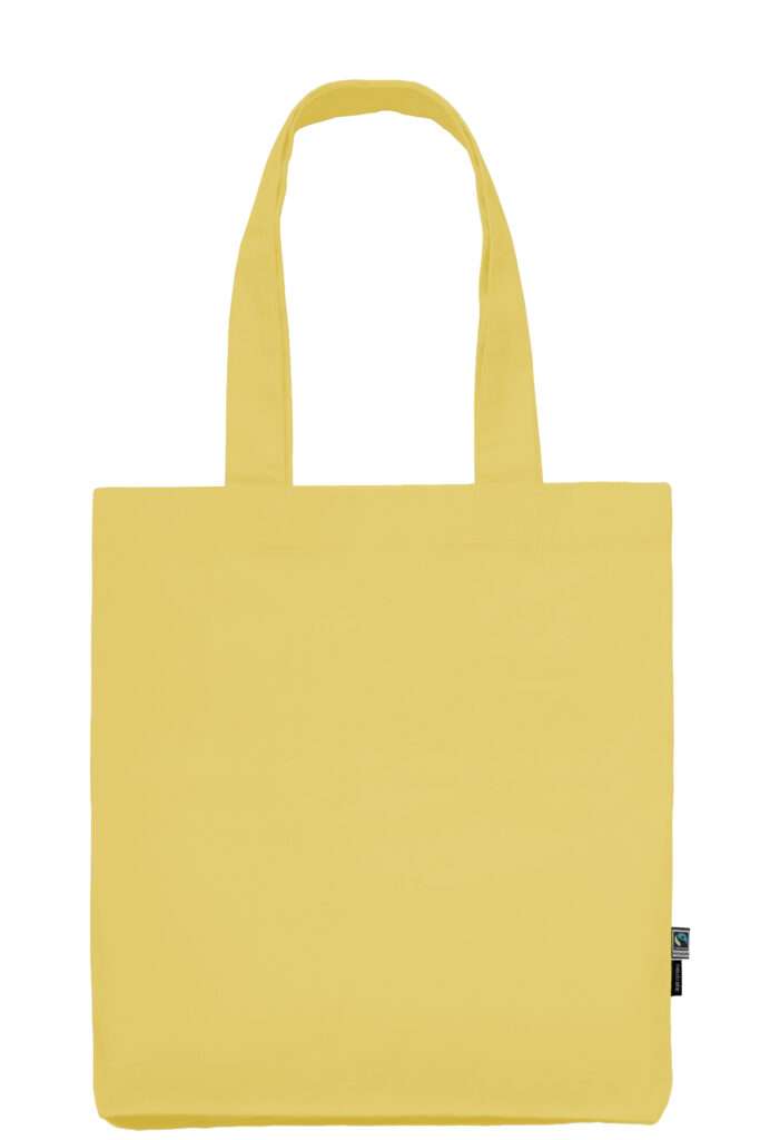 Gelbe Baumwolltasche mit langen Henkeln und Fairtrade-Label seitlich