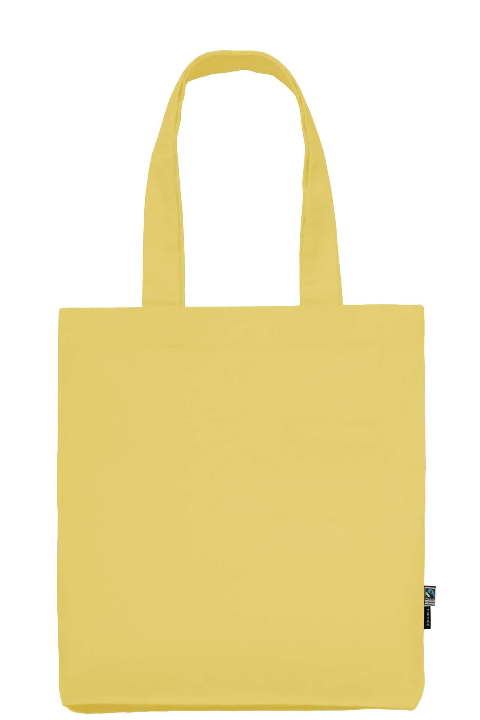 Gelbe Baumwolltasche mit langen Henkeln und Fairtrade-Label seitlich