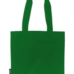 Grüne Stofftragetasche mit langen Henkeln und Fairtrade-Label