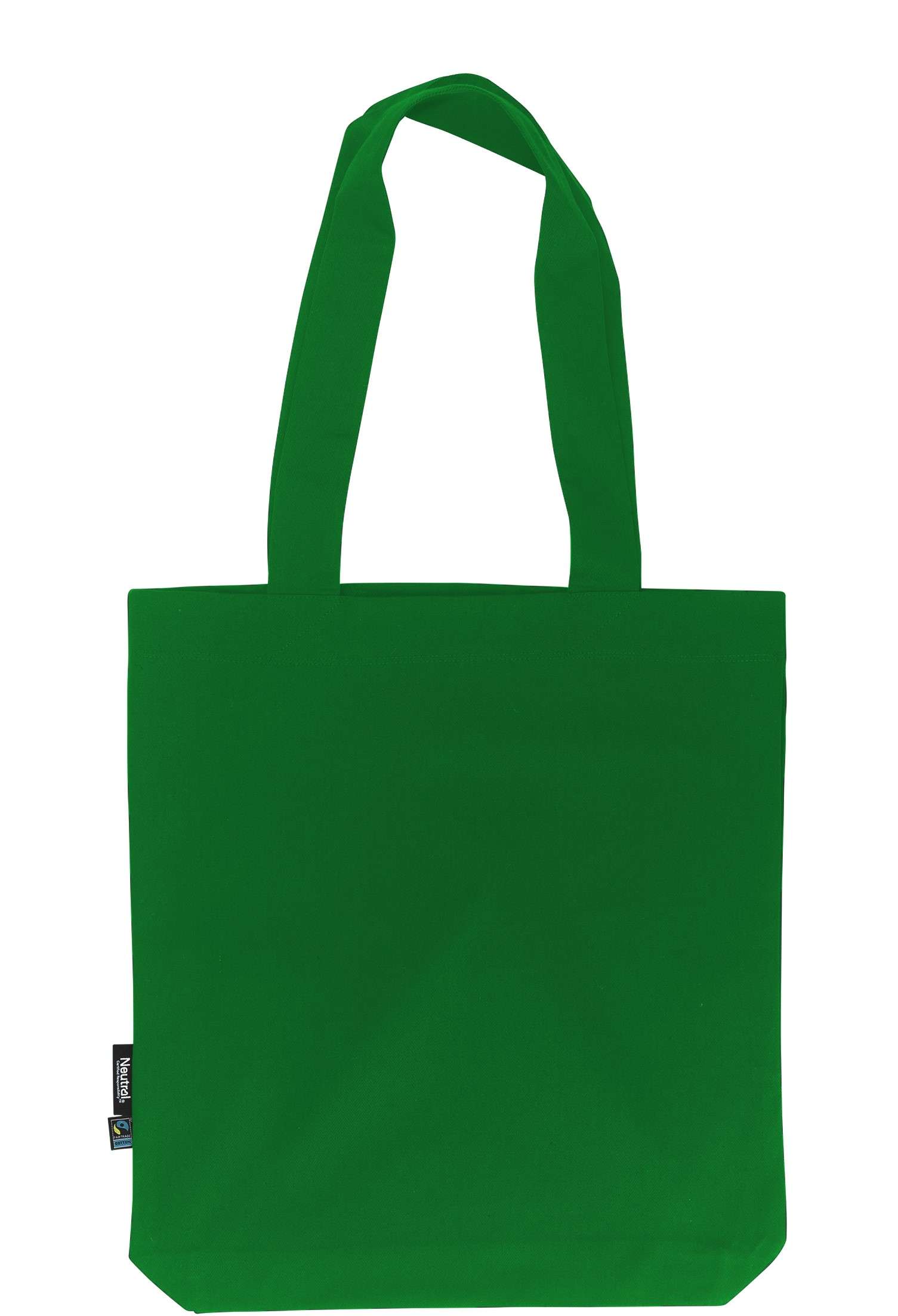 Grüne Stofftragetasche mit langen Henkeln und Fairtrade-Label