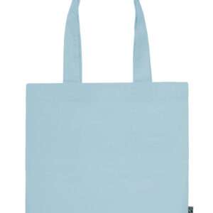 Hellblaue Stofftasche mit langen Henkeln und Fairtrade‑Label