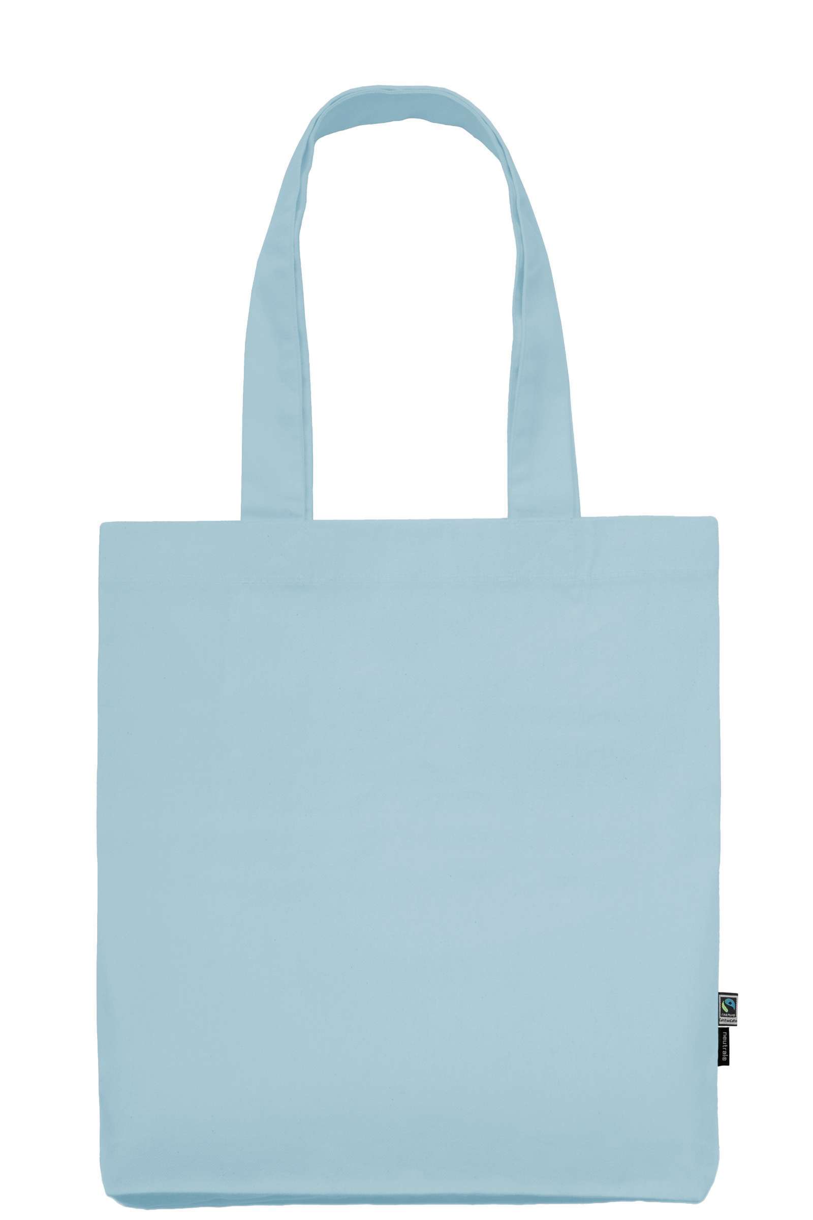 Hellblaue Stofftasche mit langen Henkeln und Fairtrade‑Label