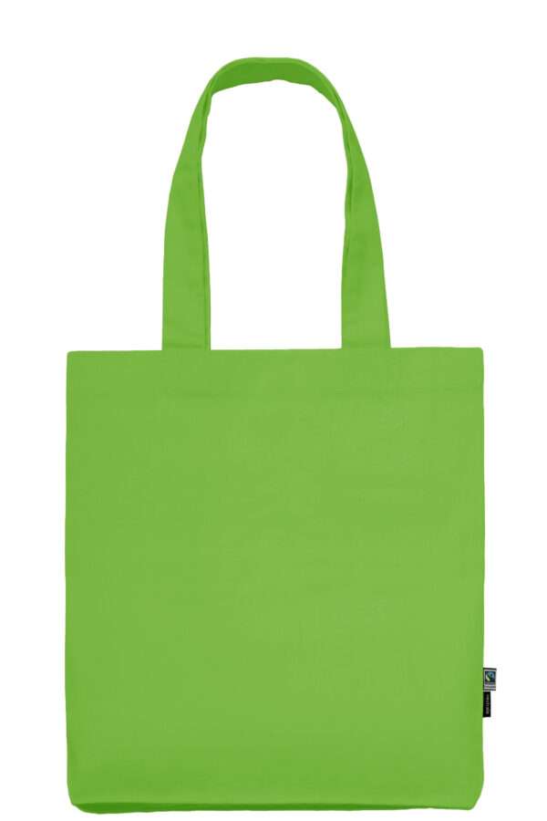 Grüne Stoff-Einkaufstasche mit langen Tragehenkeln und Fairtrade-Label