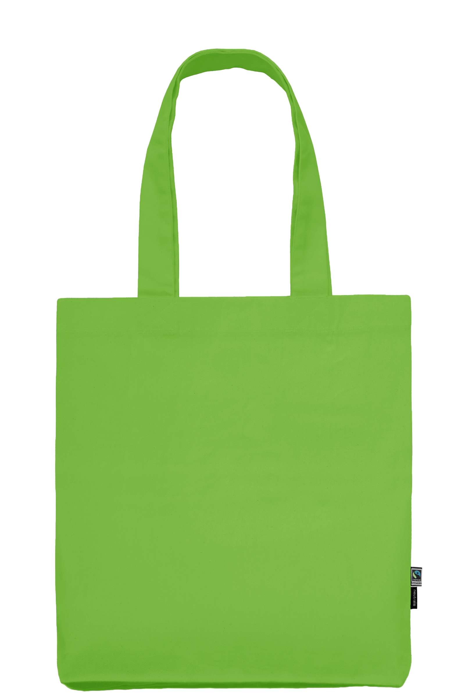 Grüne Stoff-Einkaufstasche mit langen Tragehenkeln und Fairtrade-Label
