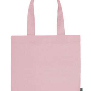Hellrosa Stofftasche mit langen Henkeln und Fairtrade-Etikett
