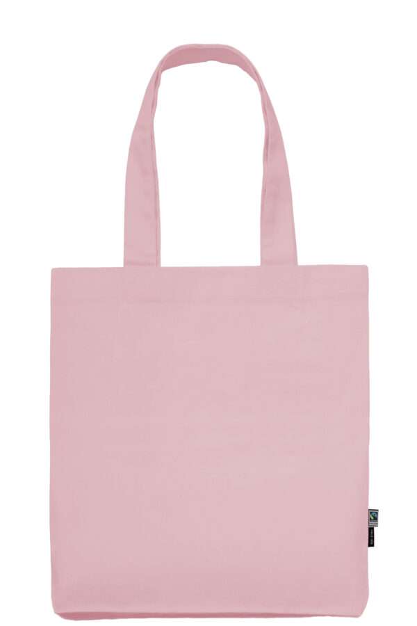 Hellrosa Stofftasche mit langen Henkeln und Fairtrade-Etikett