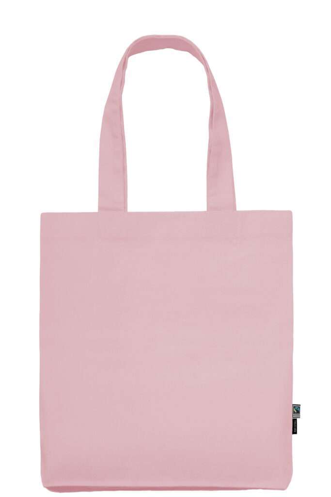 Hellrosa Stofftasche mit langen Henkeln und Fairtrade-Etikett