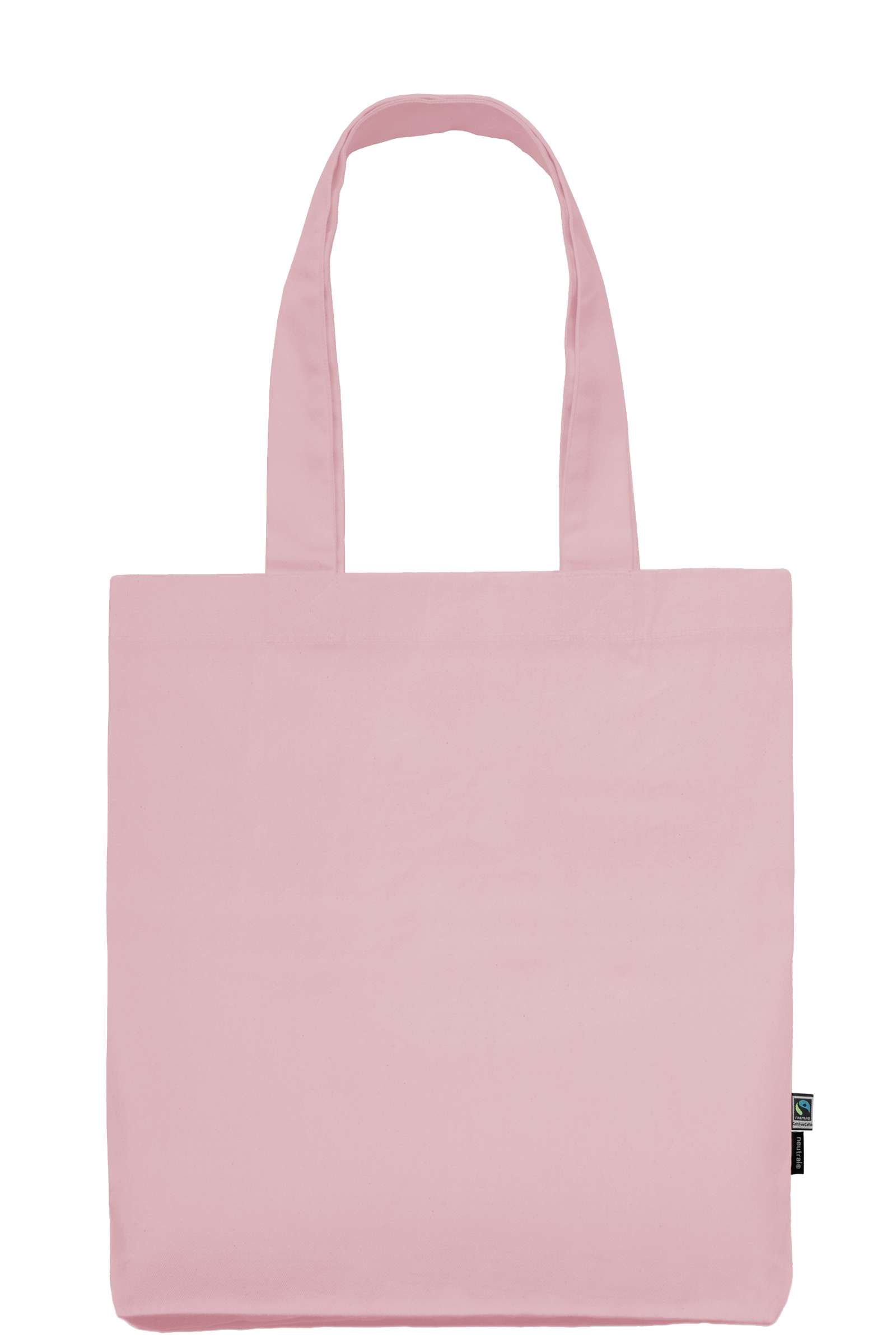 Hellrosa Stofftasche mit langen Henkeln und Fairtrade-Etikett