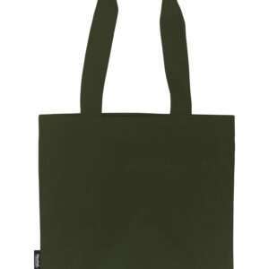 Dunkelgrüne Stofftragetasche mit langen Henkeln und Fairtrade-Label