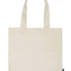 Naturfarbene Baumwolltasche mit langen Henkeln und Fairtrade-Etikett
