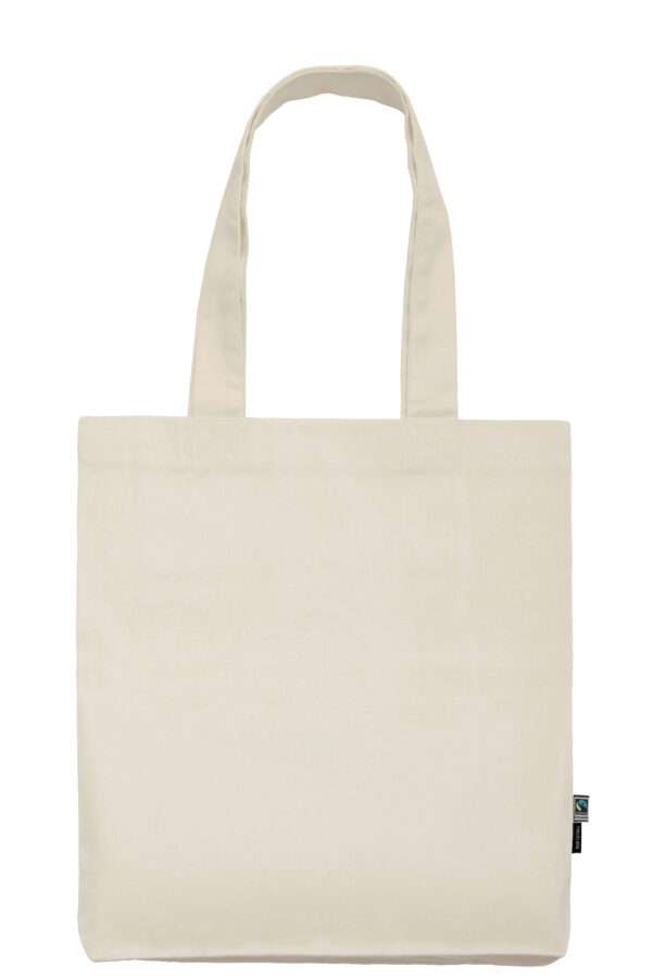 Naturfarbene Baumwolltasche mit langen Henkeln und Fairtrade-Etikett