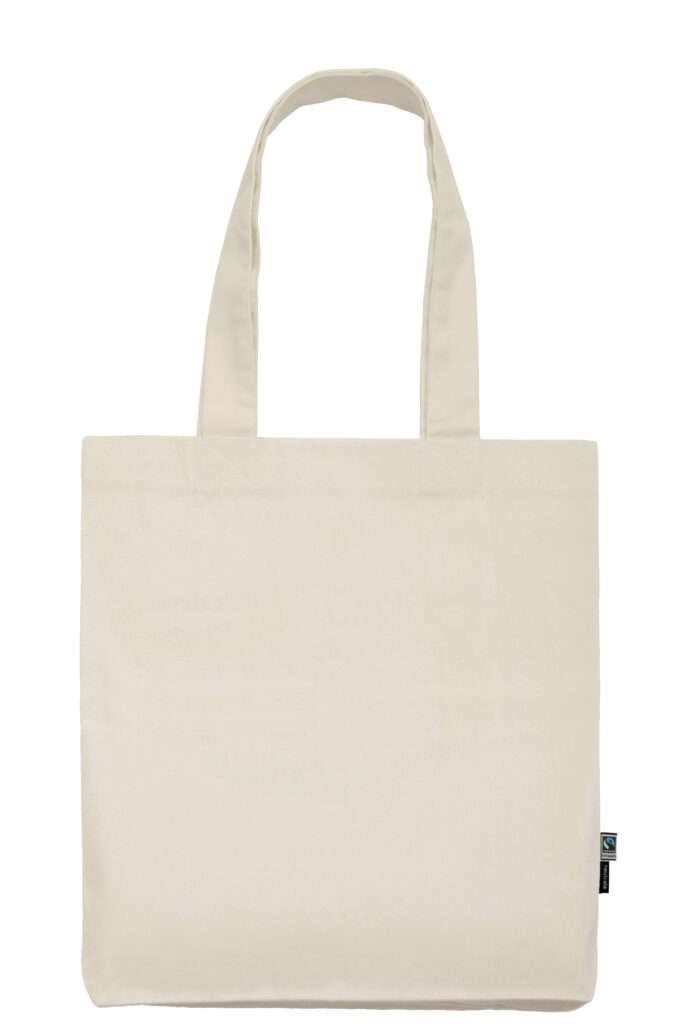 Naturfarbene Baumwolltasche mit langen Henkeln und Fairtrade-Etikett