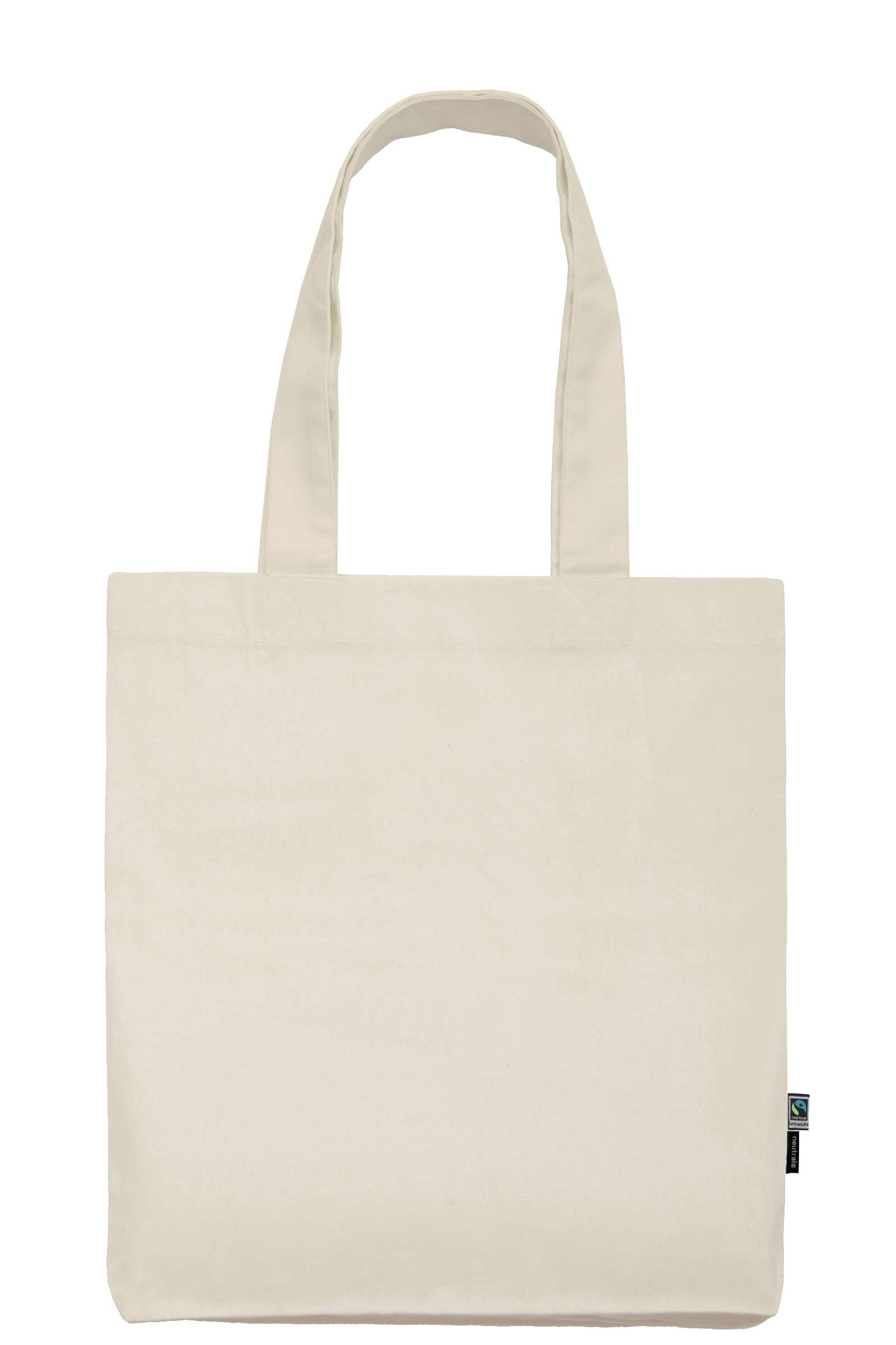Naturfarbene Baumwolltasche mit langen Henkeln und Fairtrade-Etikett