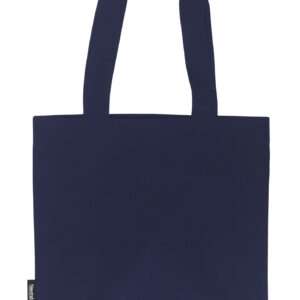 Dunkelblaue Stofftasche mit langen Henkeln und kleinem Label