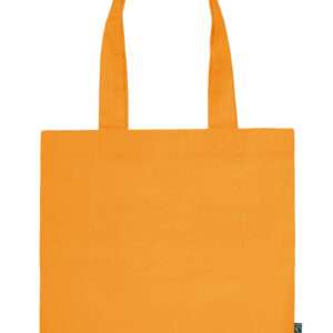 Orange Baumwoll-Einkaufsbeutel mit langen Tragehenkeln und Fairtrade-Label