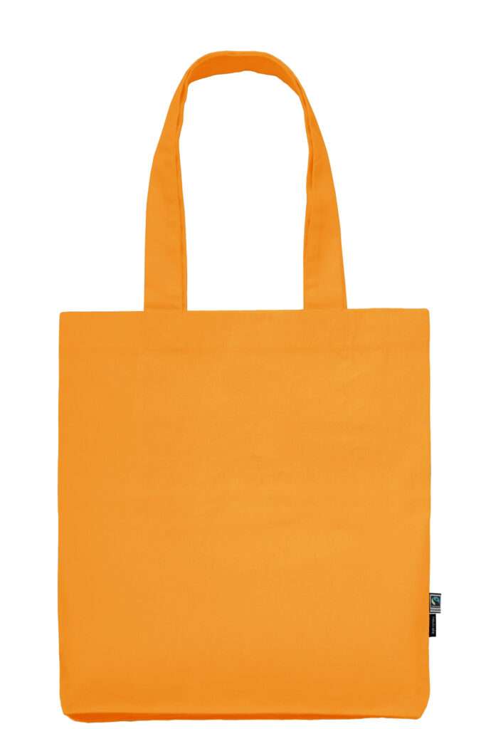 Orange Baumwoll-Einkaufsbeutel mit langen Tragehenkeln und Fairtrade-Label