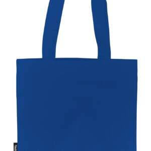 Blauer Baumwoll-Shopper mit langen Henkeln und kleinem Fairtrade-Label