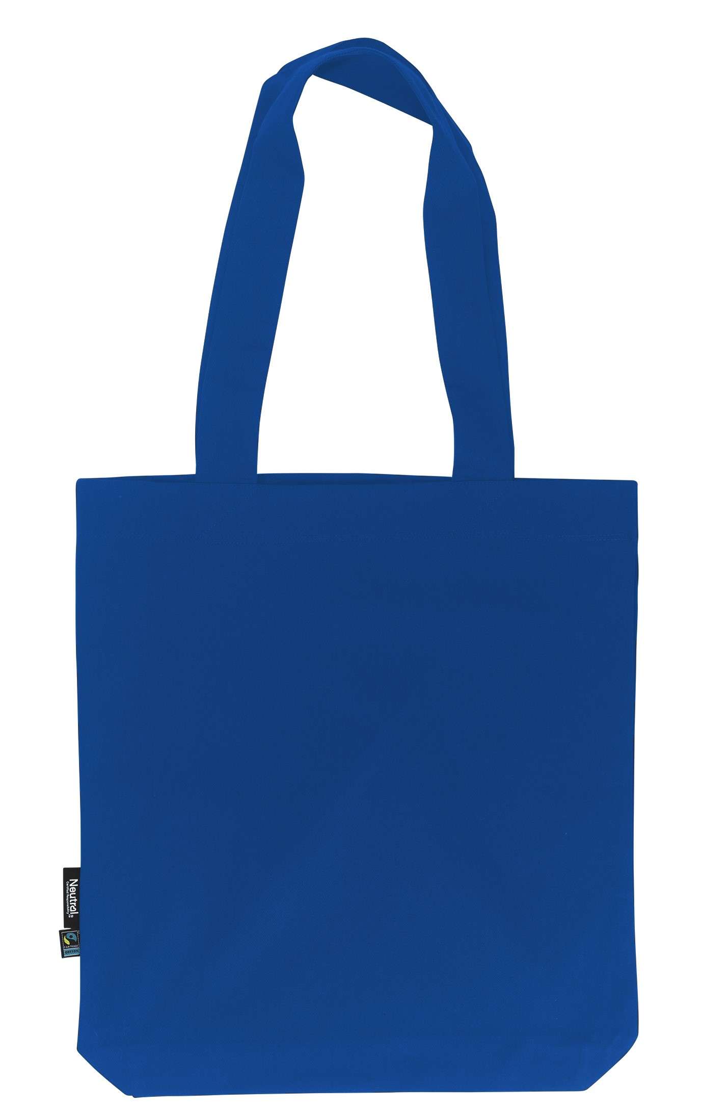Blauer Baumwoll-Shopper mit langen Henkeln und kleinem Fairtrade-Label