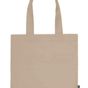 Beiger Stoff-Einkaufsbeutel mit langen Henkeln und Fairtrade-Label