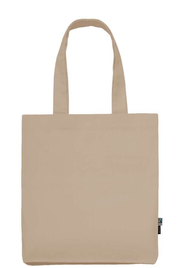 Beiger Stoff-Einkaufsbeutel mit langen Henkeln und Fairtrade-Label