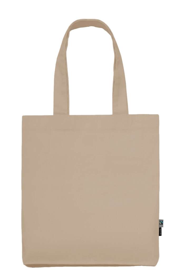 Beiger Stoff-Einkaufsbeutel mit langen Henkeln und Fairtrade-Label