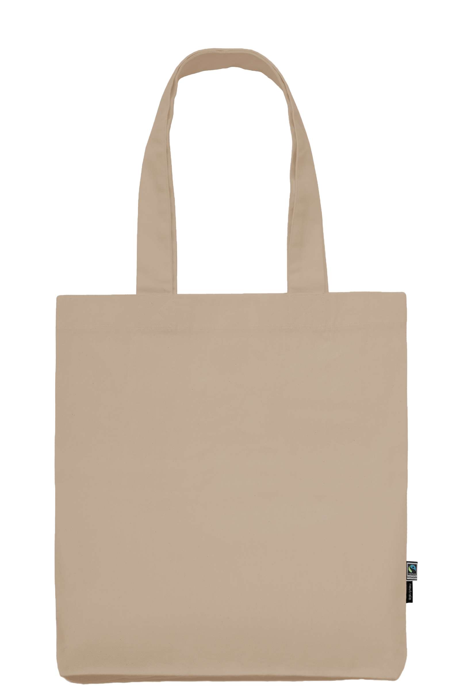 Beiger Stoff-Einkaufsbeutel mit langen Henkeln und Fairtrade-Label
