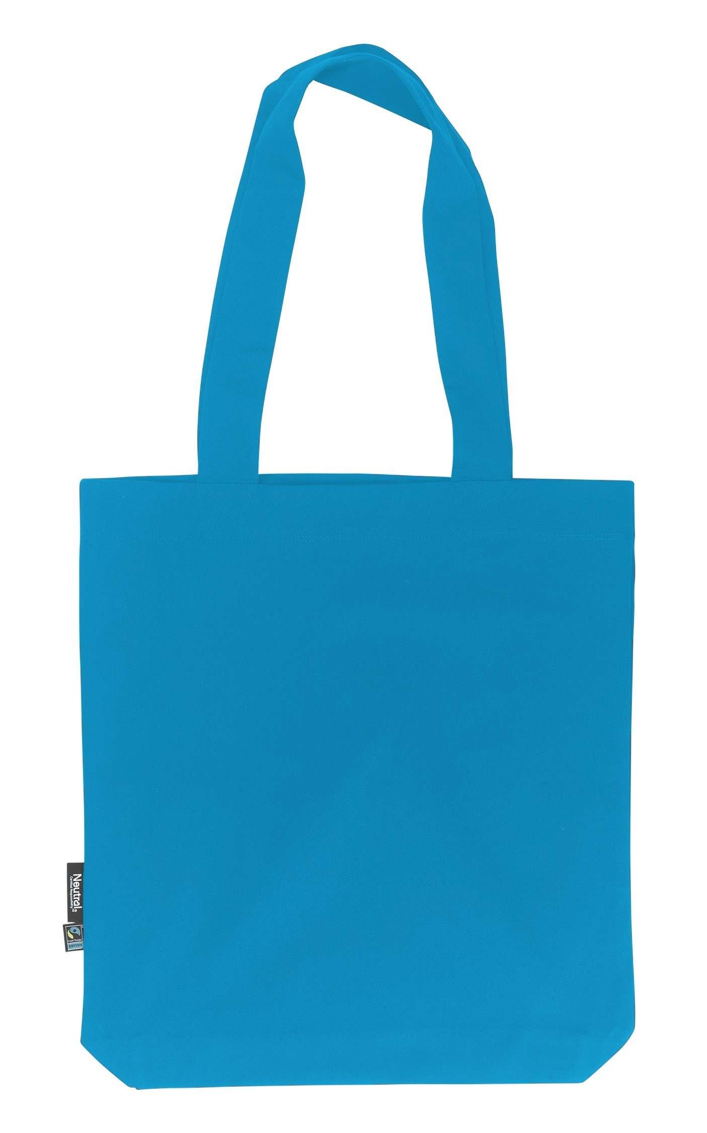 Türkisblauer Stoffbeutel mit langen Henkeln vor weißem Hintergrund