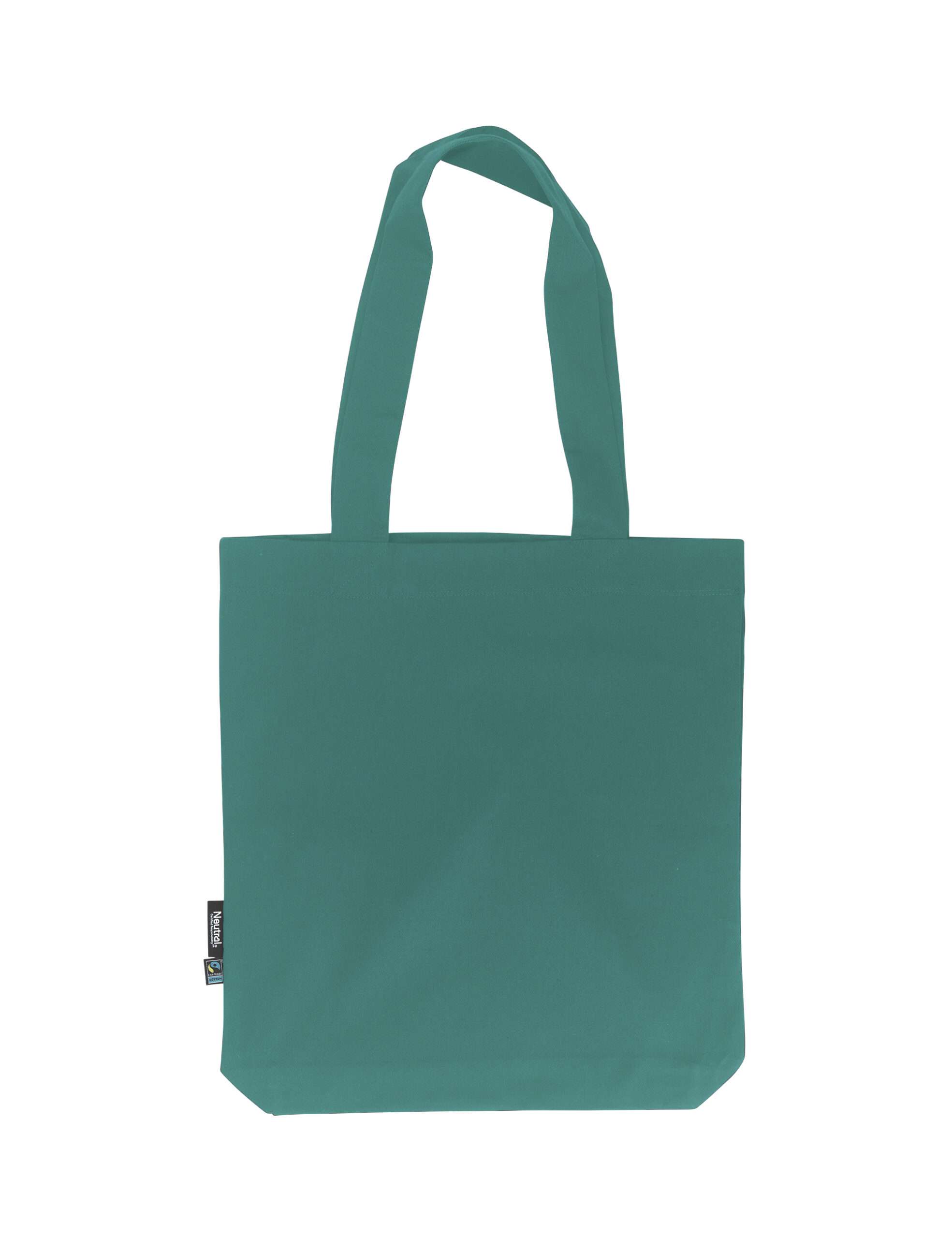 Türkisgrüner Stoffbeutel mit langen Henkeln und Fairtrade-Label an der Seite