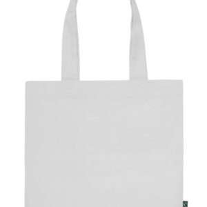 Weißer Baumwoll-Shopper mit langen Henkeln und Fairtrade-Label rechts unten