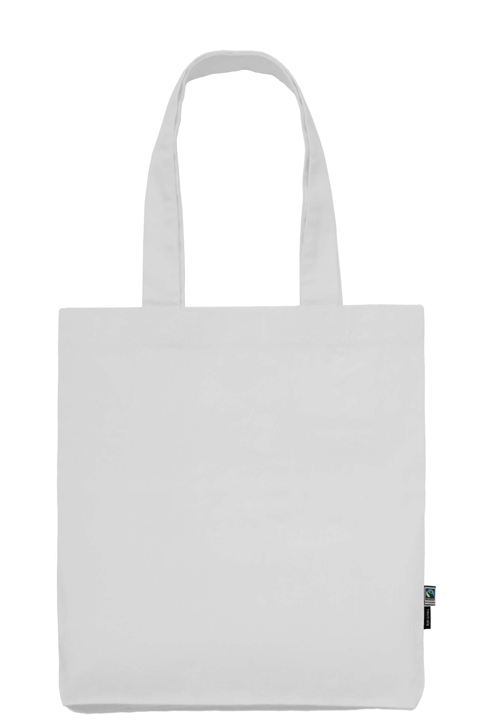 Weißer Baumwoll-Shopper mit langen Henkeln und Fairtrade-Label rechts unten