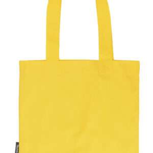 Gelbe Stofftasche mit langen Henkeln und kleinem Fairtrade-Etikett