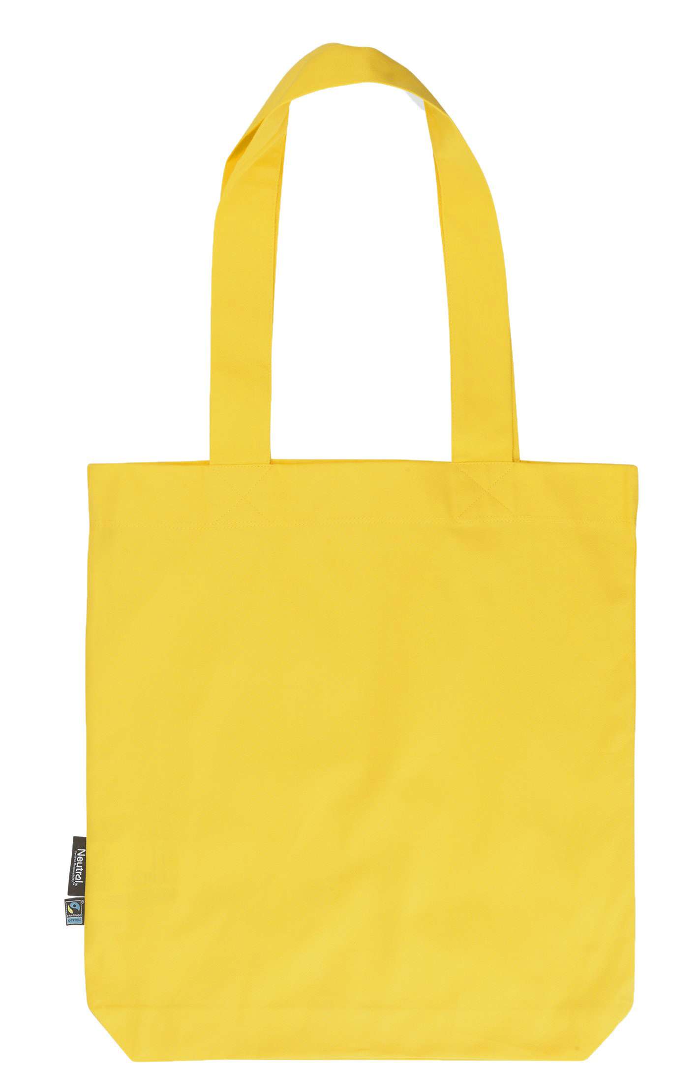 Gelbe Stofftasche mit langen Henkeln und kleinem Fairtrade-Etikett