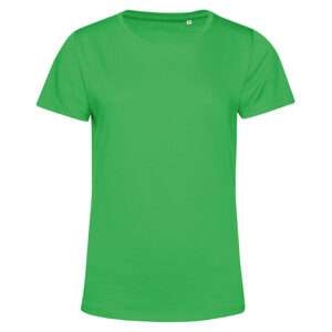 Unifarbenes hellgrünes Damen-T-Shirt mit Rundhalsausschnitt vor weißem Hintergrund