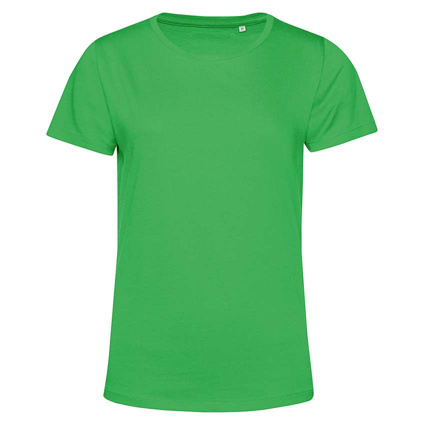 Unifarbenes hellgrünes Damen-T-Shirt mit Rundhalsausschnitt vor weißem Hintergrund