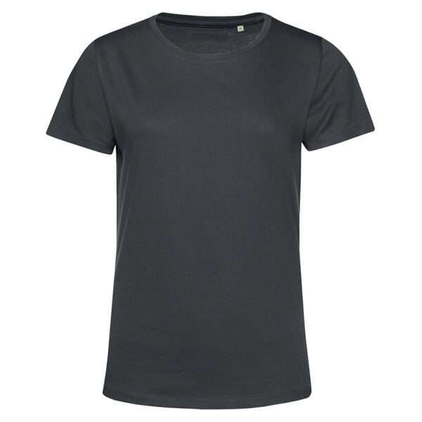 Dunkelgraues, kurzärmeliges Damen-T-Shirt mit Rundhalsausschnitt vor weißem Hintergrund