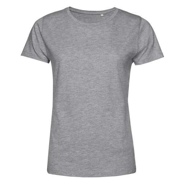 Graues schlichtes Damen-T-Shirt mit Rundhalsausschnitt vor weißem Hintergrund