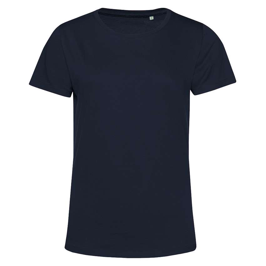 Dunkelblaues kurzärmeliges T‑Shirt mit Rundhalsausschnitt vor weißem Hintergrund