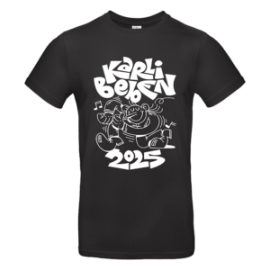 Schwarzes T-Shirt mit weißem Graffiti-Print, tanzenden Figuren und Schrift Karli Bojen 2025