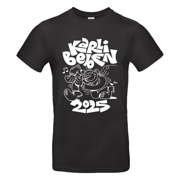 Schwarzes T-Shirt mit weißem Graffiti-Print, tanzenden Figuren und Schrift Karli Bojen 2025