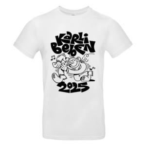 Weißes T‑Shirt mit schwarzem Cartoon einer tanzenden Figur und Schriftzug KARLI BOLGEN 2025